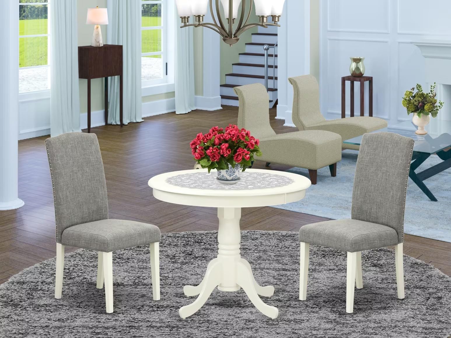 East West Furniture Anen3-Lwh-06 3 Piece Kitchen Table Set Contains A Round Dining Table With Pedestal And 2 Dark Shitake Linen Fabric Parson Dining Room Chairs, 36X36 Inch, Linen White